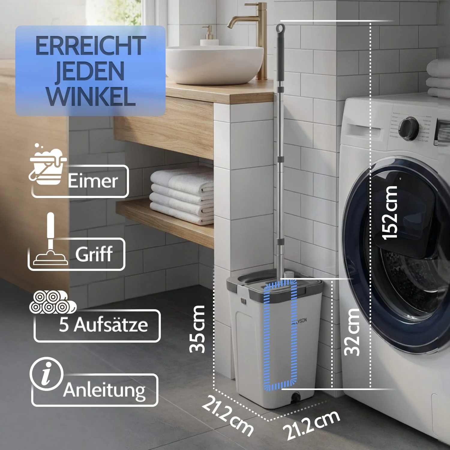 ALLYSON Wischmopp Set mit Zweikammer-Eimer, Frisch- und Schmutzwasser