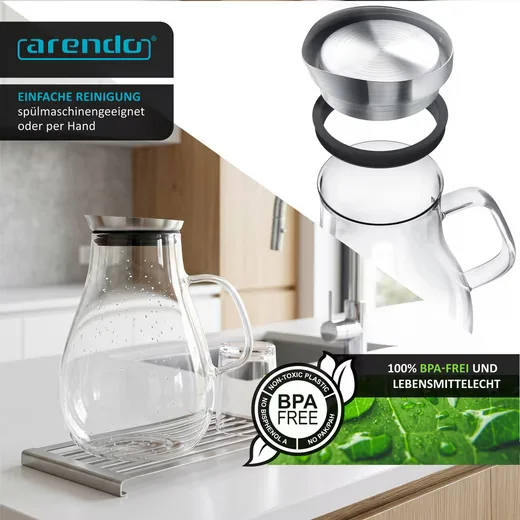 ARENDO Glaskaraffe 2,5 L mit Edelstahldeckel Grobfilter Wasserkaraffe