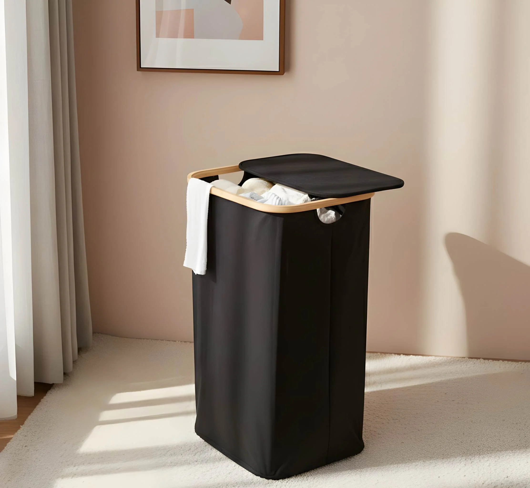 COLOURLIVING Wäschekorb 100 Liter Bambus Polyester