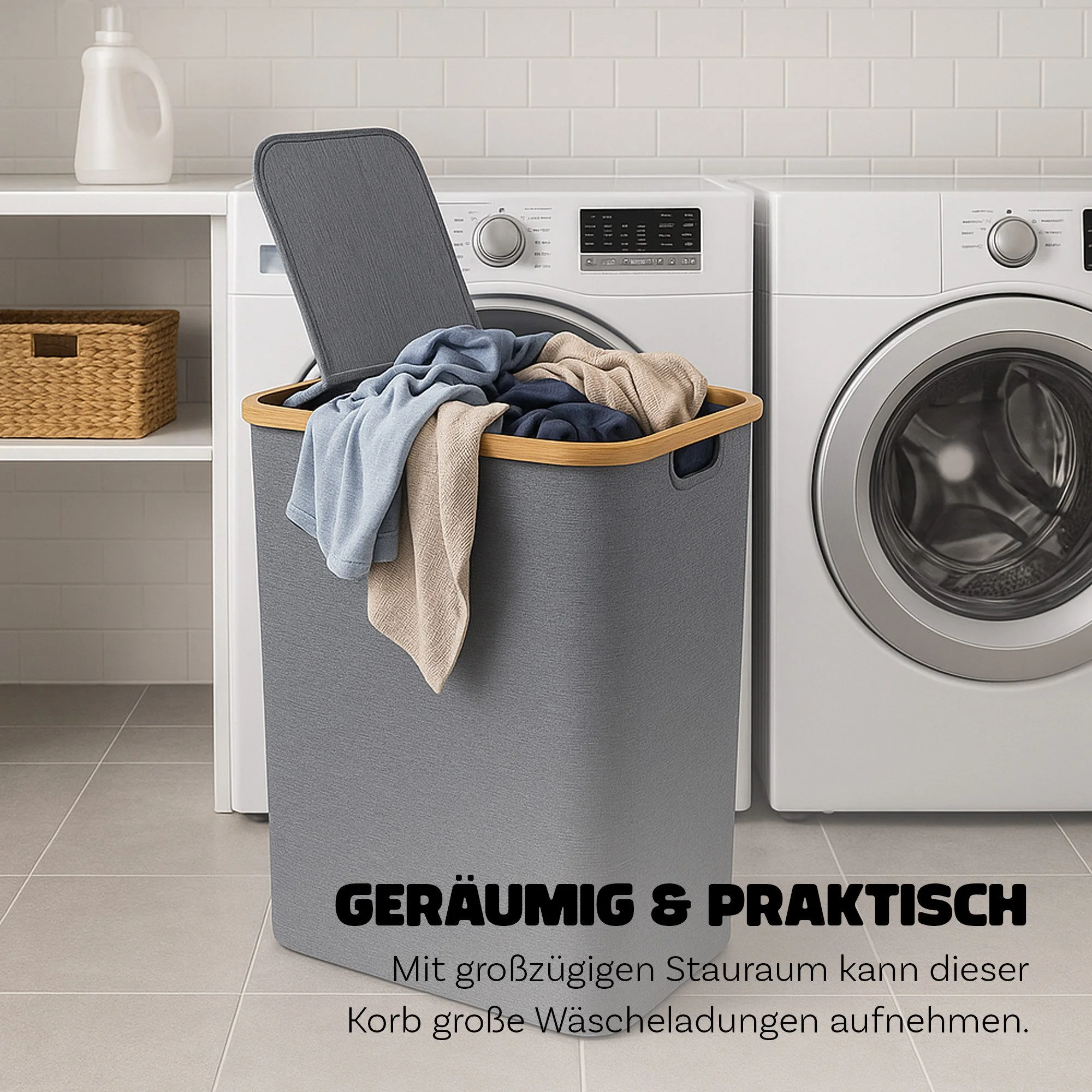 Bestlivings Wäschekorb Bambusrahmen 2 Fächer 54x34x65 cm
