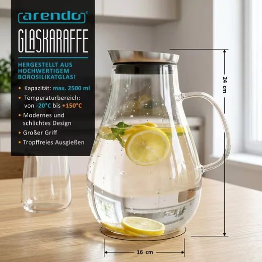 ARENDO Glaskaraffe 2,5 L mit Edelstahldeckel Grobfilter Wasserkaraffe