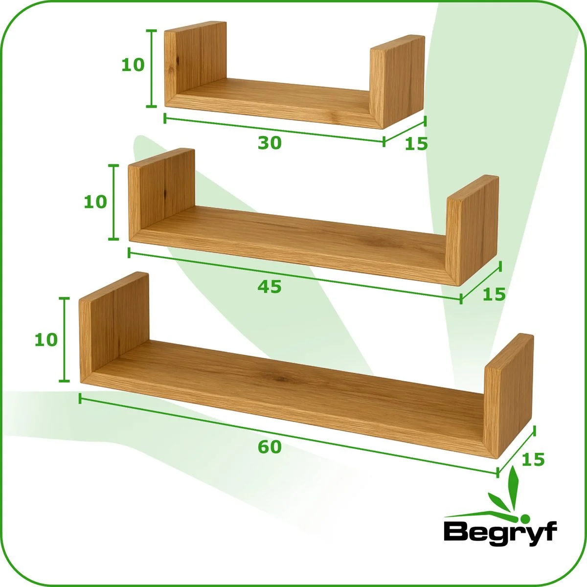 BEGRYF Wandregal 3er-Set, Erlefarben, 30/45/60 x 15 x 10 cm