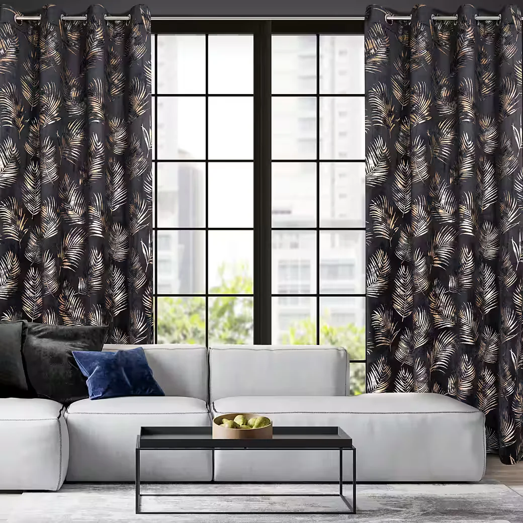 EUROFIRANY Velvet Samtvorhang mit goldenem Blättermuster