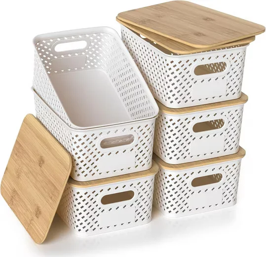 BLINGBIN Aufbewahrungsboxen 6er Set mit Bambusdeckel 5L Kunststoff
