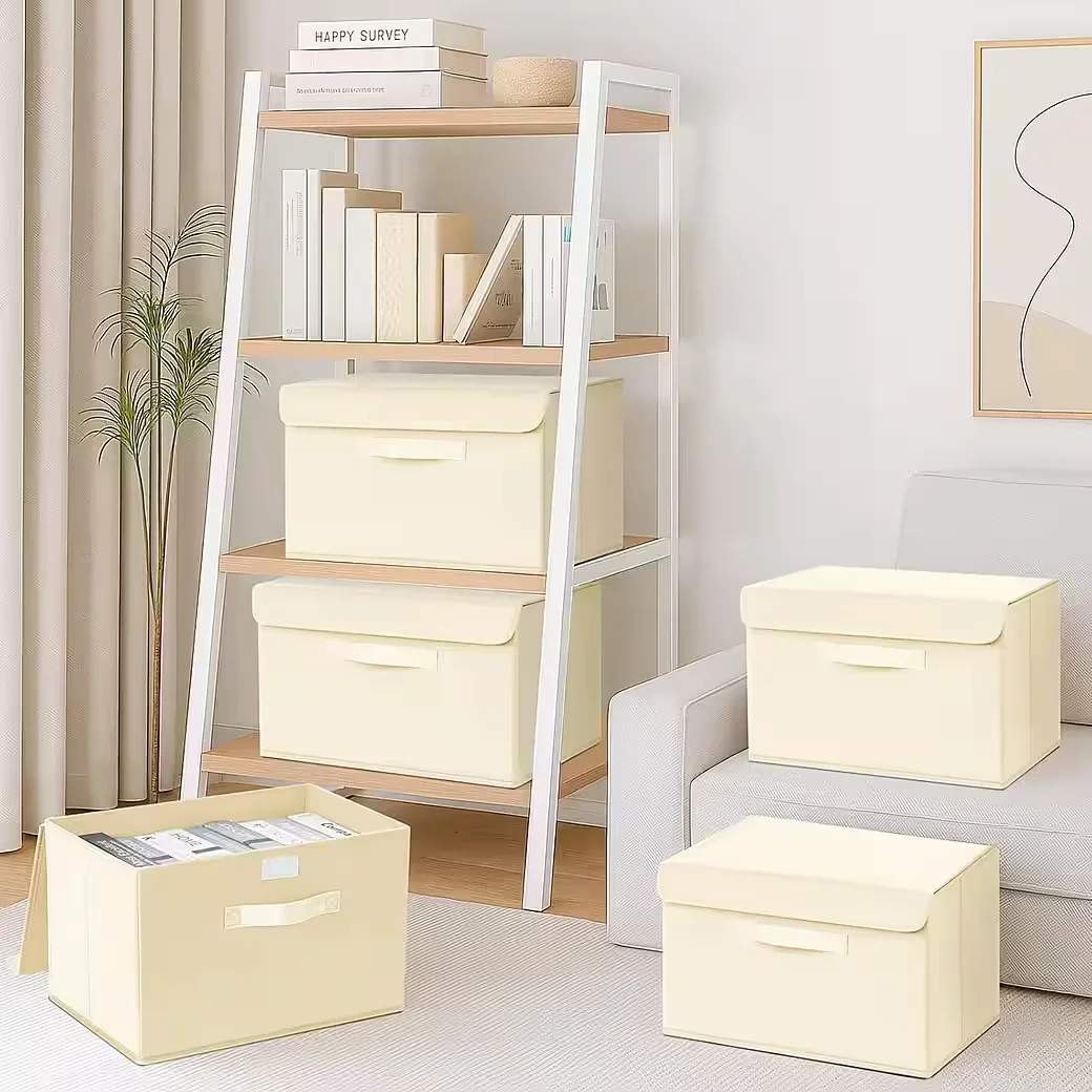 Faltbox Aufbewahrungsboxen Deckel Griff Stoff 2 Stück Lichtbeige