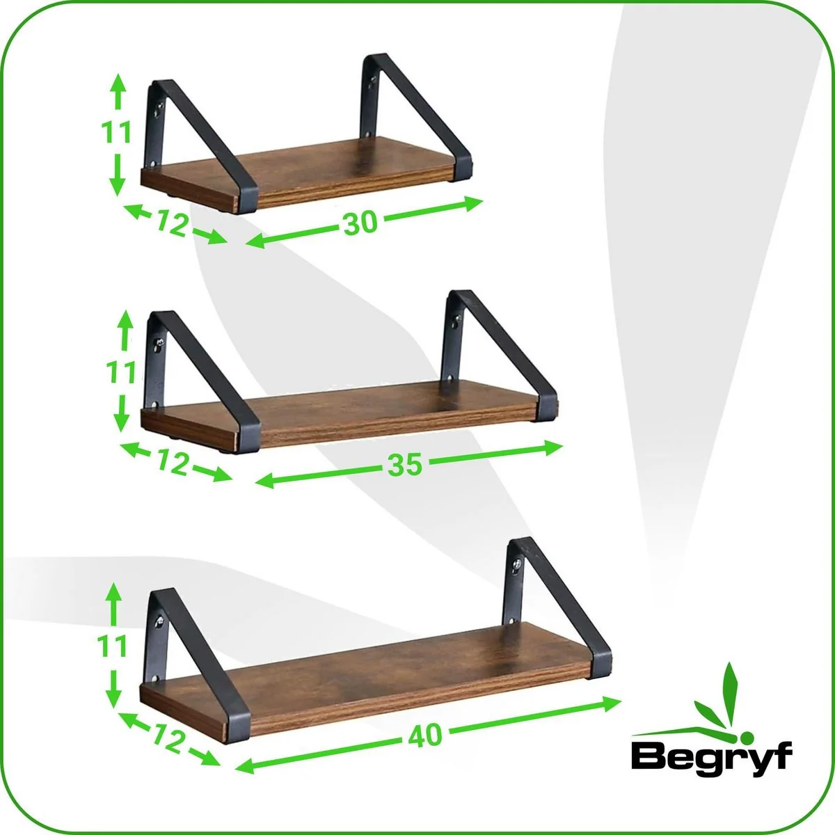 BEGRYF Wandregal 3er-Set rustikalbraun schwarz 30/35/40x12x11 cm