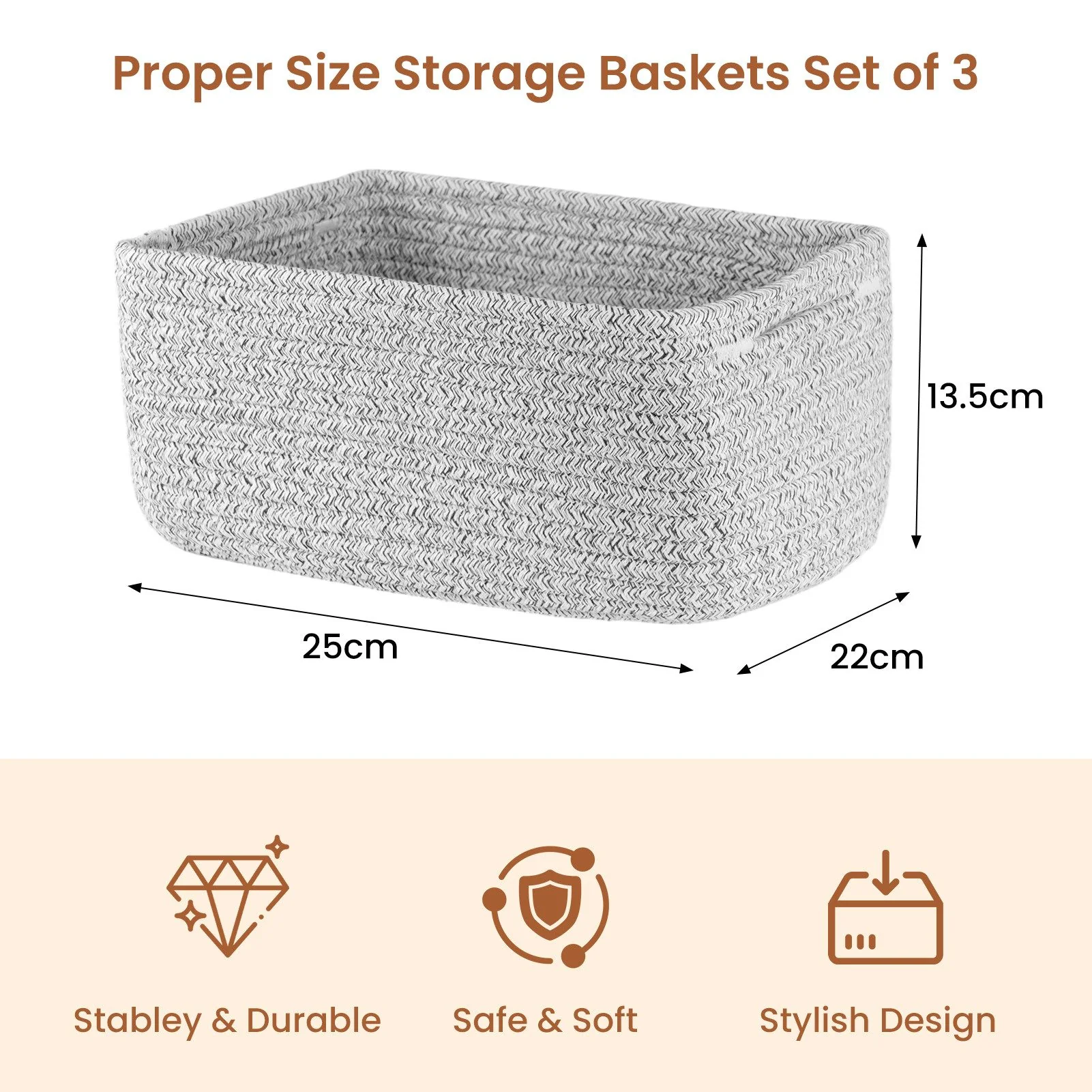YOUYIJIA Aufbewahrungskörbe 3er Set Baumwollseil 25x22x13,5 cm
