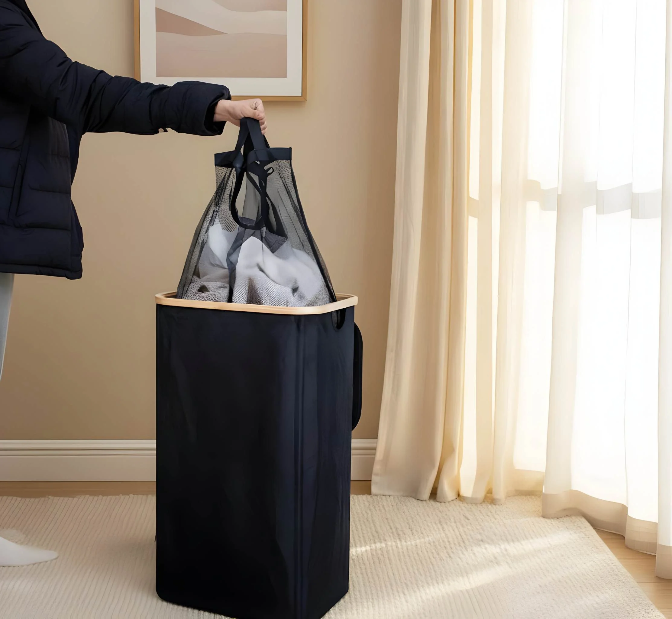 COLOURLIVING Wäschekorb 100 Liter Bambus Polyester