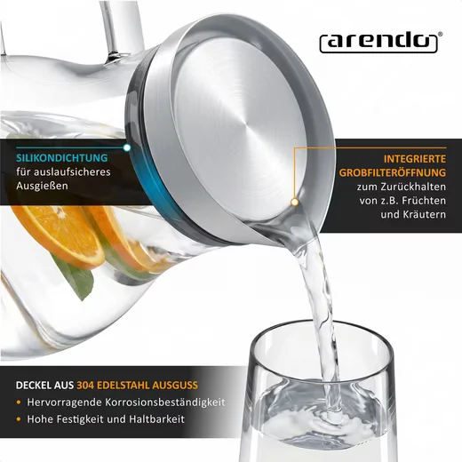 ARENDO Glaskaraffe 2,5 L mit Edelstahldeckel Grobfilter Wasserkaraffe