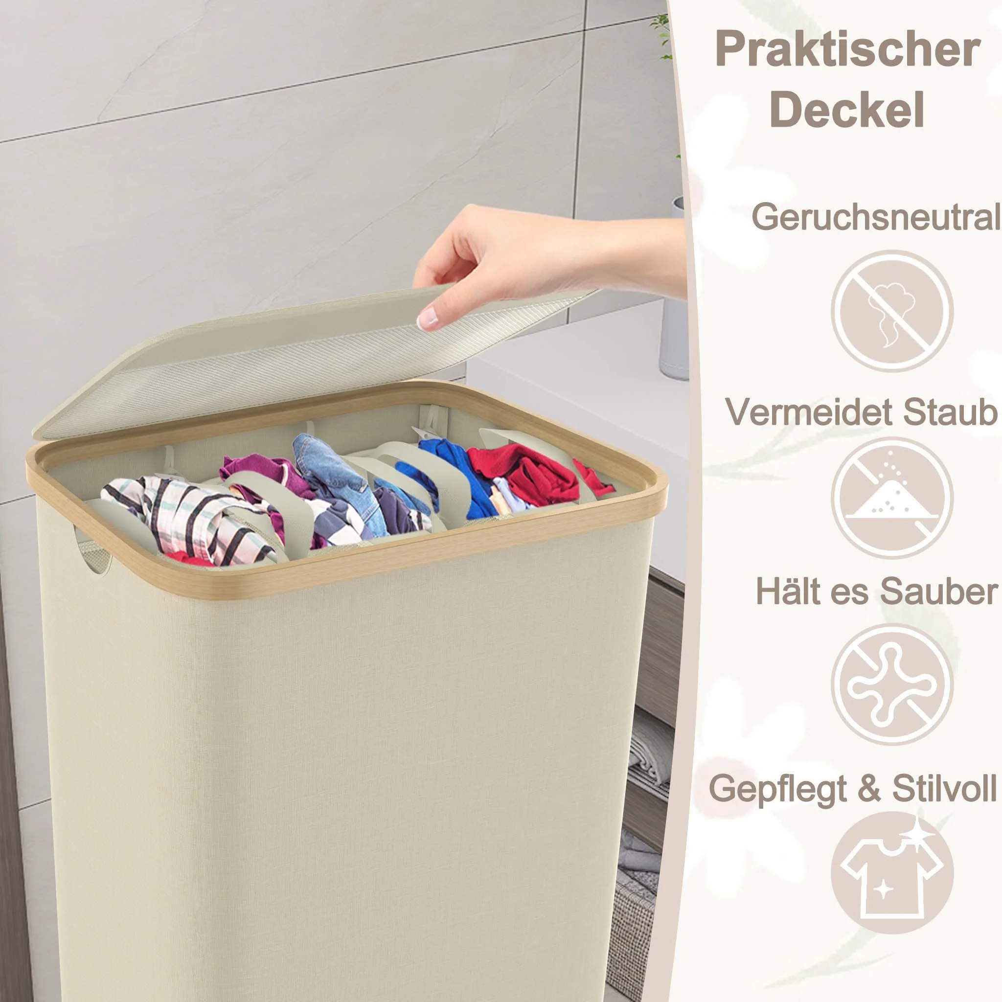 FIVMEN Wäschekorb 140L mit Deckel faltbar 3 Fächer Wäschesammler