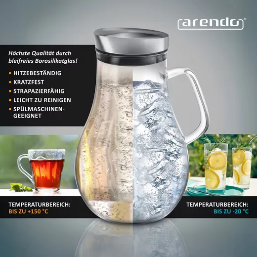 ARENDO Glaskaraffe 2,5 L mit Edelstahldeckel Grobfilter Wasserkaraffe